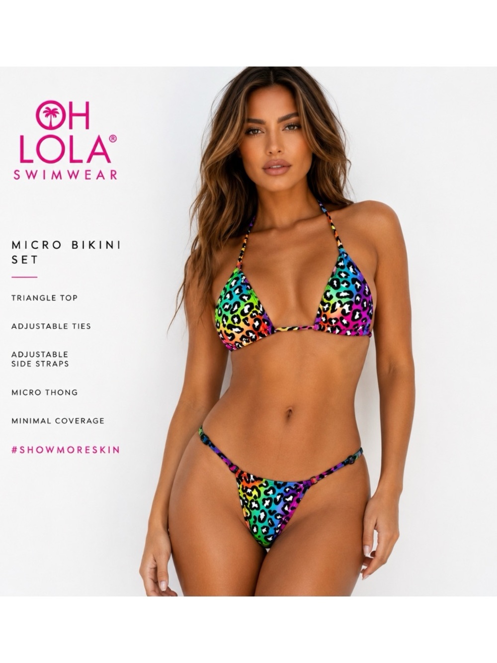 Oh Lola Swimwear Rainbow Leopard Micro Bikini Set, Size Small, NWT and Pouch
